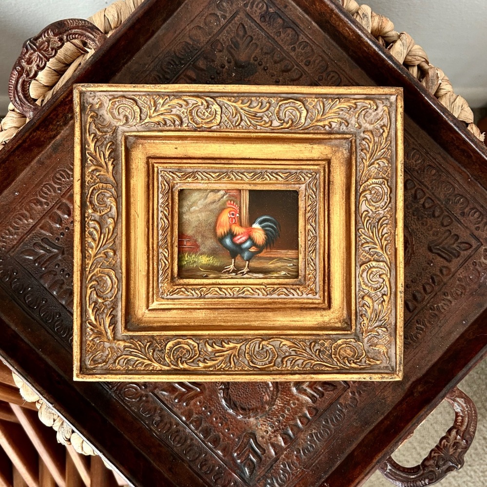 Vintage Hand Painted Rooster Oil Painting on Wood Panel Ornate Gold Gilt Frame